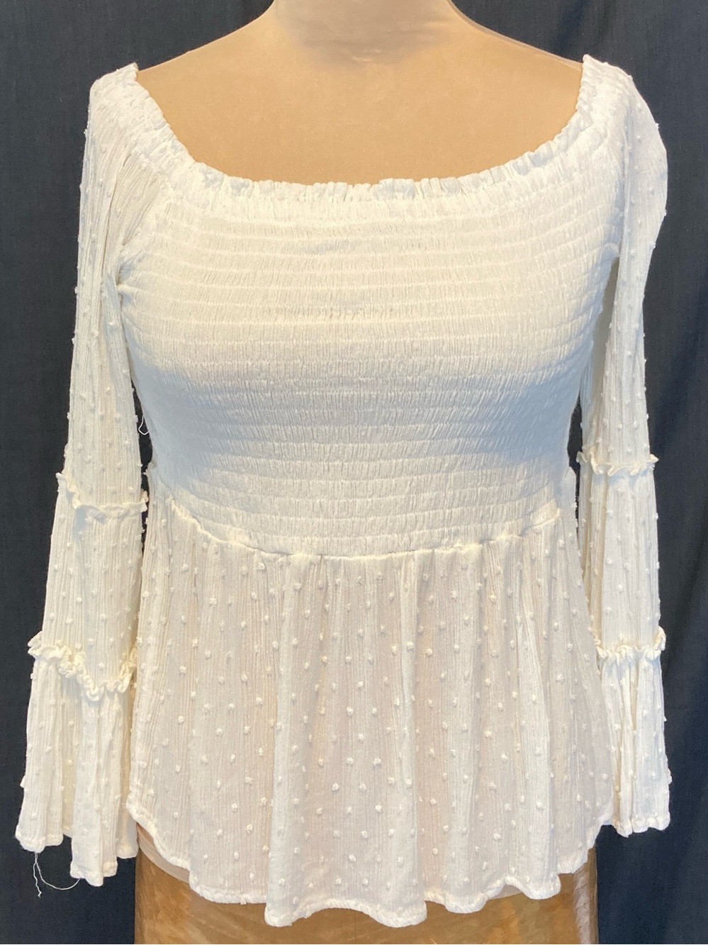 Altar'd State Ivory Swiss Dot Blouse with Bell Sleeves and Shirred Bodice